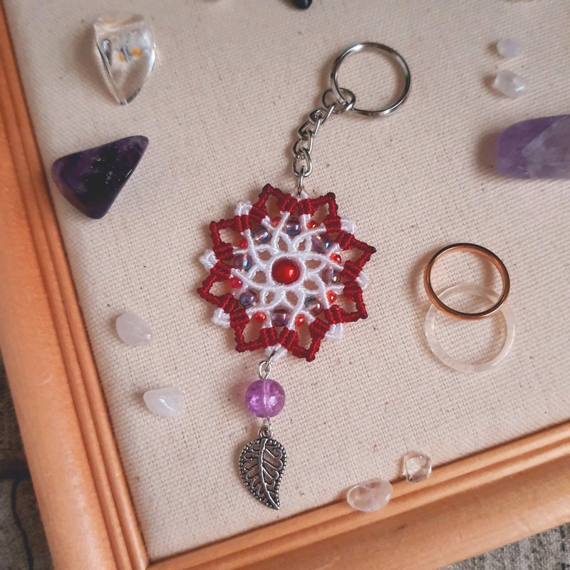 C041-手工編織曼陀羅吊飾 - 鑰匙圈/鑰匙包 - 尼龍 紅色