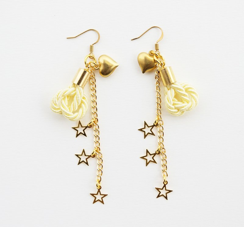 Yellow knotted rope and gold long-chain earrings with stars and heart - Long Necklaces - Other Materials Yellow
