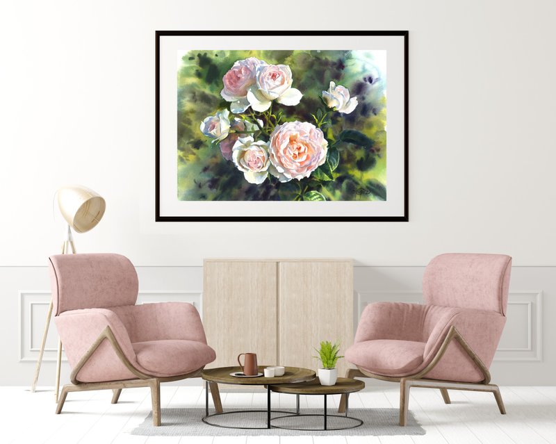 Roses original watercolor poster by artist Irina Zhunaeva - 海報/掛畫/掛布 - 紙 多色