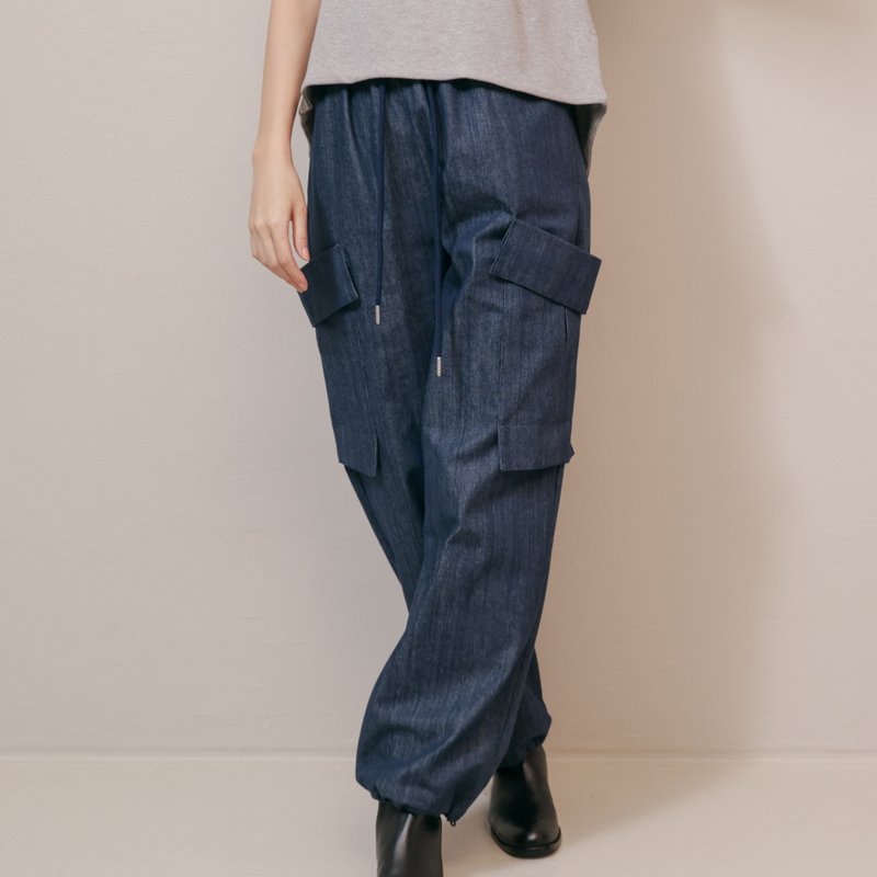 Wide Pockets - Unisex Pants - Blue - กางเกงขายาว - ผ้าฝ้าย/ผ้าลินิน สีน้ำเงิน