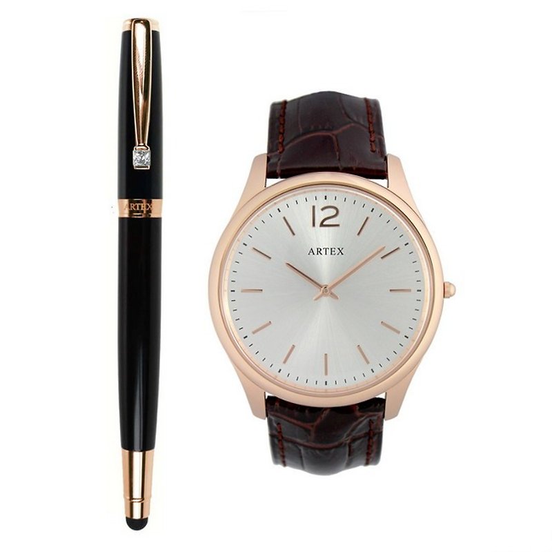 [Sold Out 50% Off] ARTEX Elegant Touch Ballpoint Pen Rose Gold Black + Leather Watch - นาฬิกาผู้หญิง - หนังแท้ สีนำ้ตาล