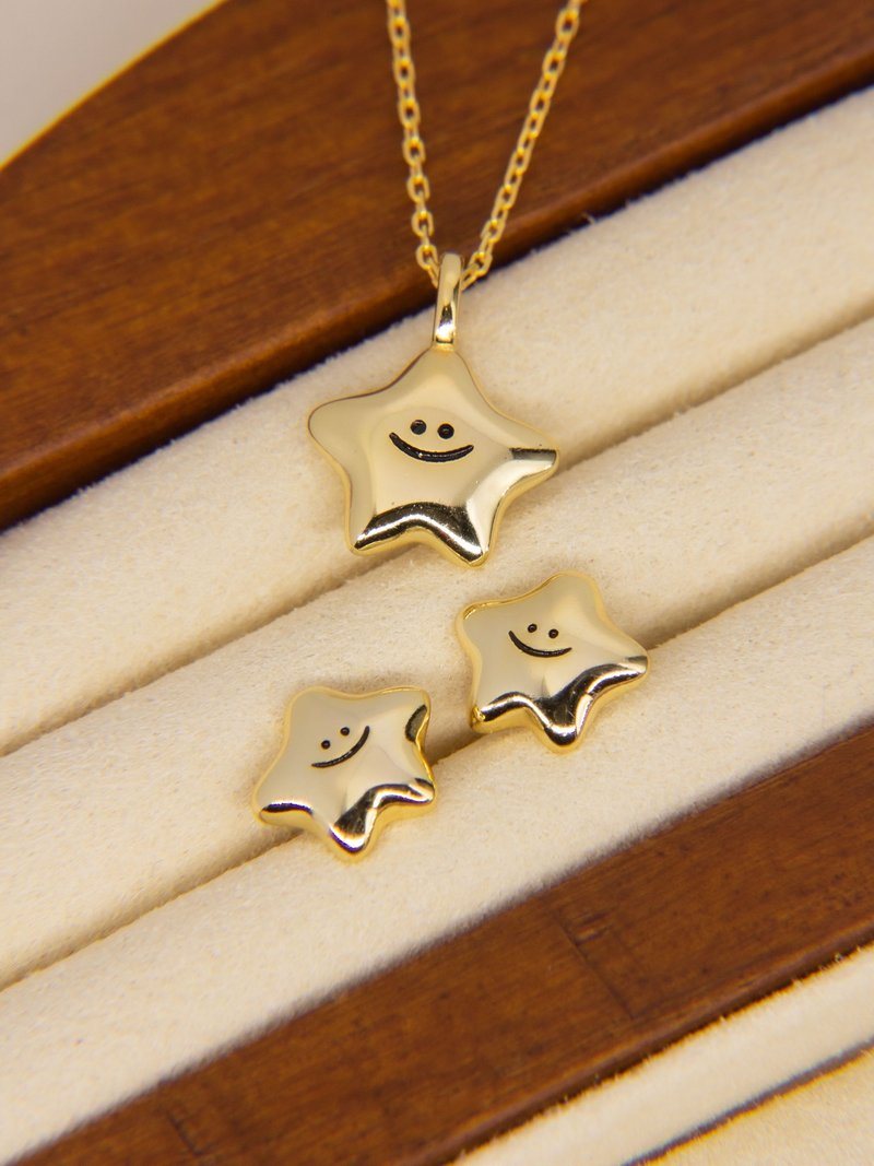 [Jewelry Set] 925 Sterling Silver Smiling Star Necklace & Earrings Smiling Star Necklace & Earrings - Necklaces - Other Metals 