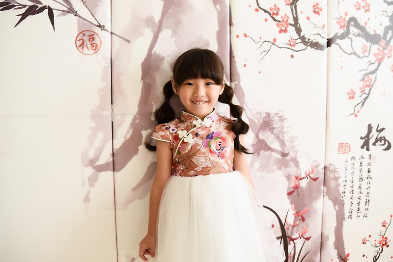 Children's cheongsam dress Japanese style pink crane - Other - Cotton & Hemp Pink