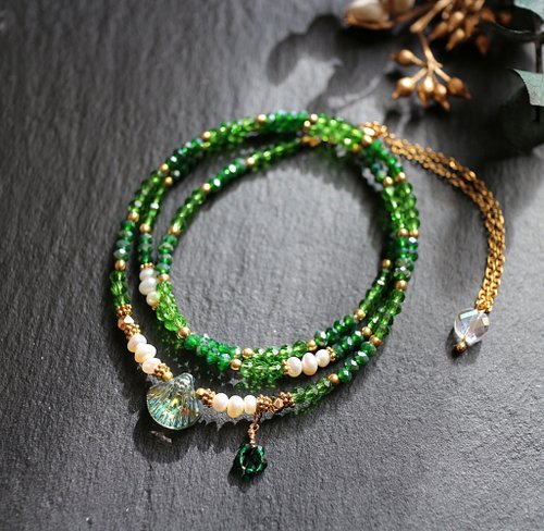 Earring Fanatic 不鏽鋼玻璃珍珠三層調節式手鍊項鍊兩用鍊金屬綠色