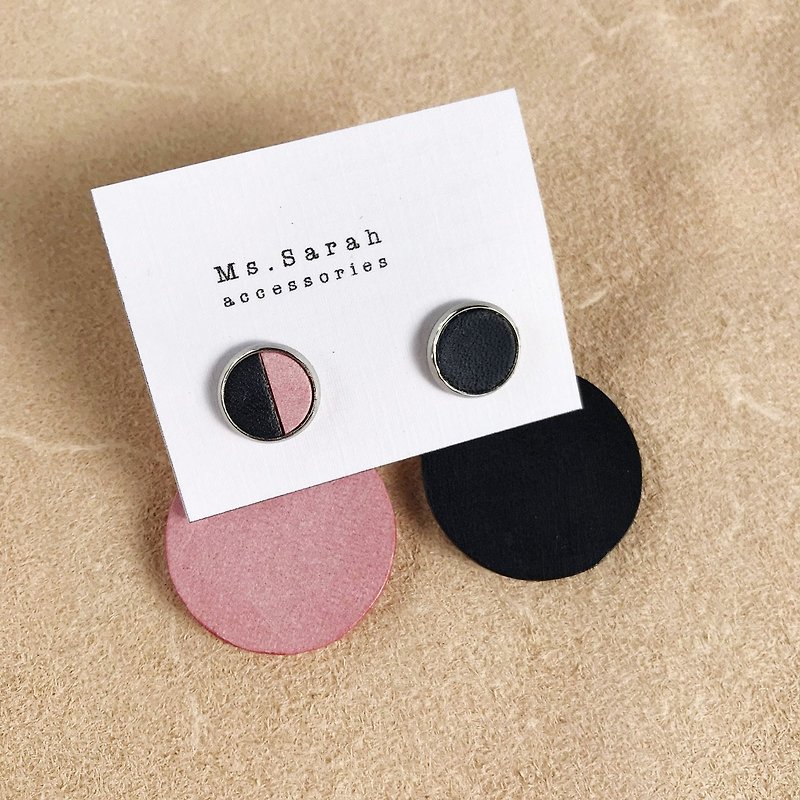 Leather earrings_ Round frame No. 6 works #10_黑搭樱花 powder (can be changed) - ต่างหู - หนังแท้ สีแดง