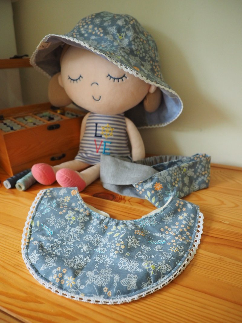 Handmade reversible floral pattern sun protection hat, headband and bib gift set - Baby Gift Sets - Cotton & Hemp Blue