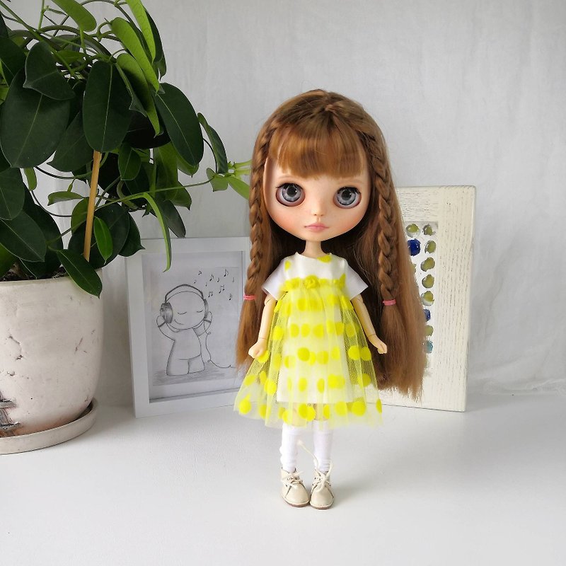 Blythe doll dress. New dress yellow polka dot tulle Blythe doll. - Stuffed Dolls & Figurines - Cotton & Hemp 
