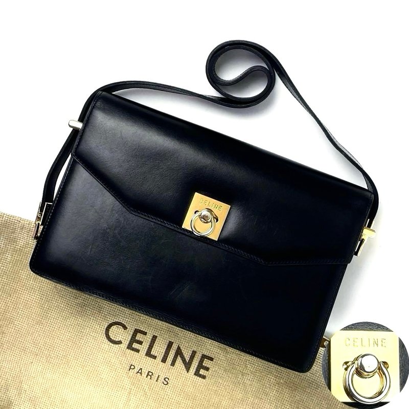 稀有中古二手Celine黑色金扣翻蓋盒子皮革腋下單肩側背孭小包手袋 - 側背包/斜背包 - 真皮 黑色