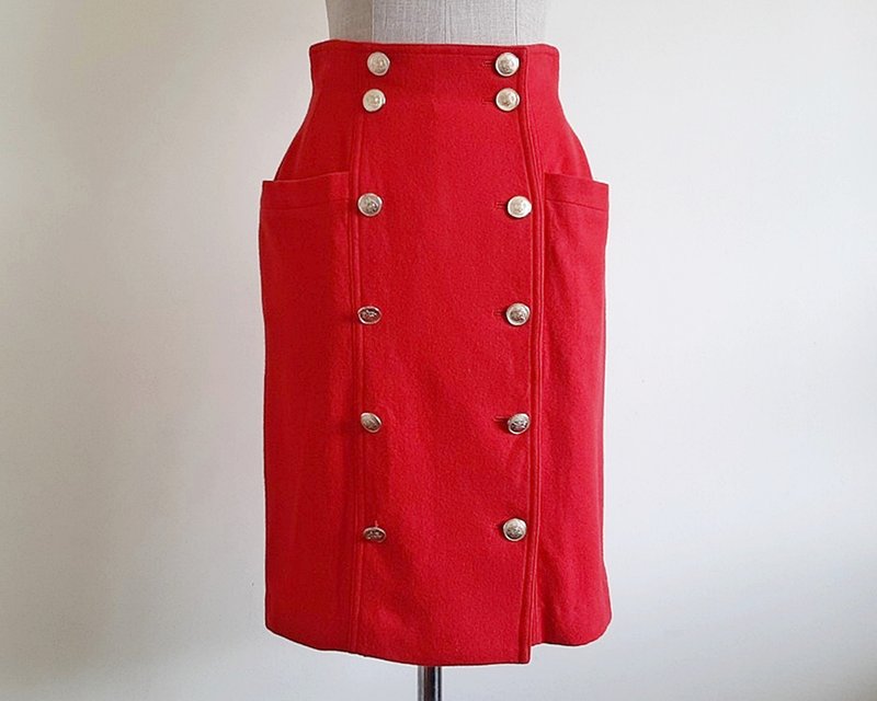 25 Waist Vintage Red Wool Skirt Womens Button Front Skirt Double Breasted Skirt - 裙子/長裙 - 其他材質 紅色