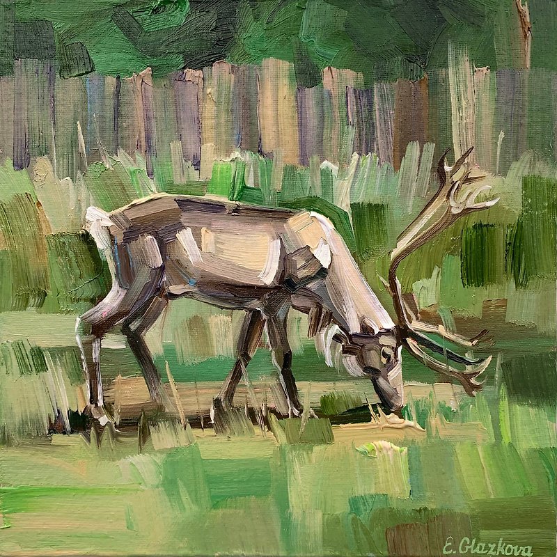 Original oil painting of a deer grazing in the fields. Oil on a canvas panel. - Wall Décor - Other Materials Green