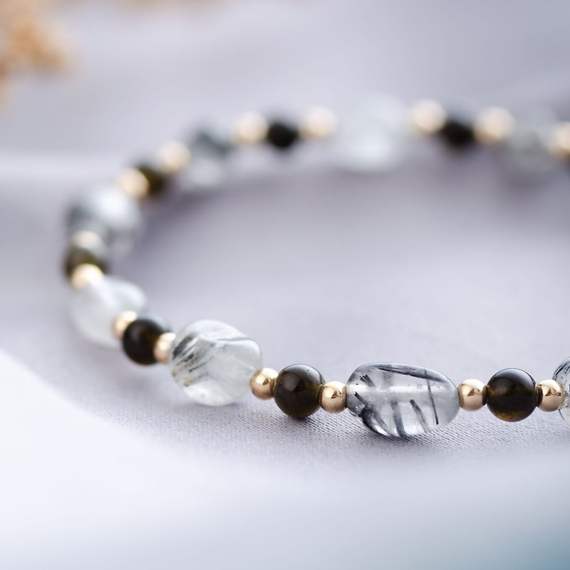 Black Rutilated Quartz, Black Obsidian,14K Gold Filled Gemstone Crystal Bracelet - Bracelets - Crystal Black