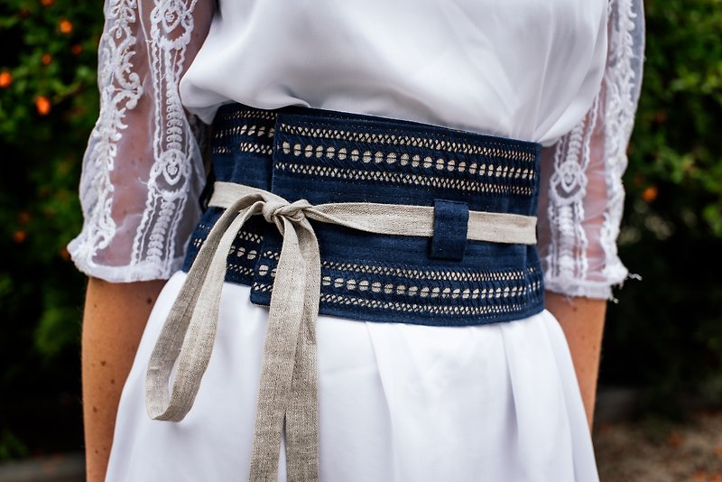 Handmade linen obi-belt (wrap belt, sash) Danica - 腰帶/皮帶 - 環保材質 藍色