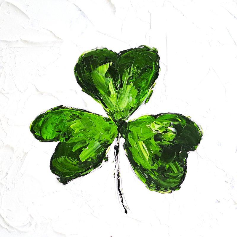 Shamrock Painting Trefoil Original Art Irish Impasto Oil Painting Floral Artwork - 海報/掛畫/掛布 - 其他材質 多色