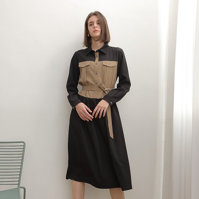 AVVJOY | 拼接設計風衣洋裝 - 連身裙 - 聚酯纖維 黑色