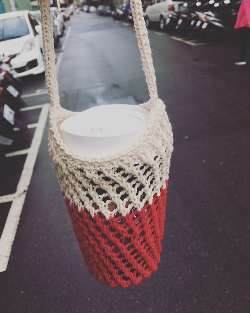 Mesh woven water bottle bag beverage bag red and white - Beverage Holders & Bags - Cotton & Hemp 