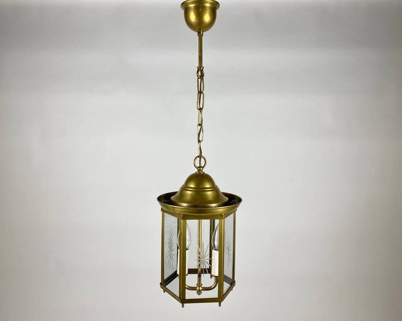 Vintage 2 Light Electric Lantern, 1980s | Brass and Beveled Glass - Fragrances - Other Metals Gold