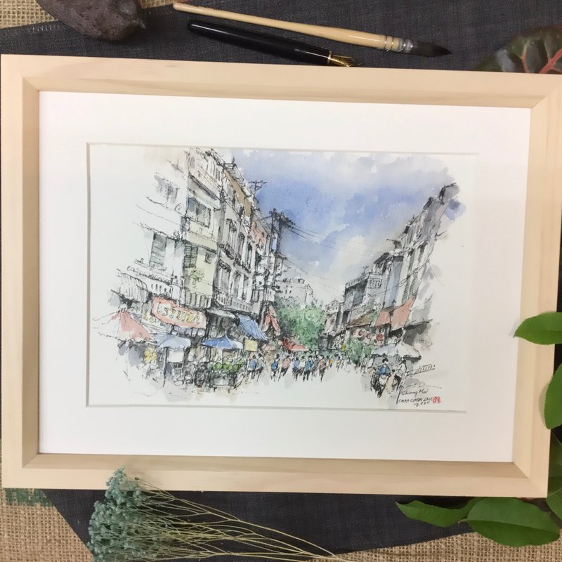 清邁市集/手繪原創/淡彩/含畫框 - 海報/掛畫/掛布 - 紙 咖啡色