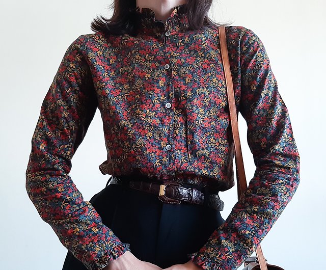 ヴィンテージ 70 年代の花柄プリント シャツ ヒッピー花柄長袖フリル襟