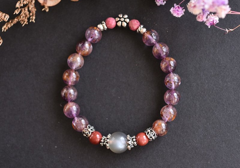 透體紫鈦晶+灰月光石+玫瑰石純銀花朵水晶手鍊 - 手鍊/手環 - 水晶 紫色