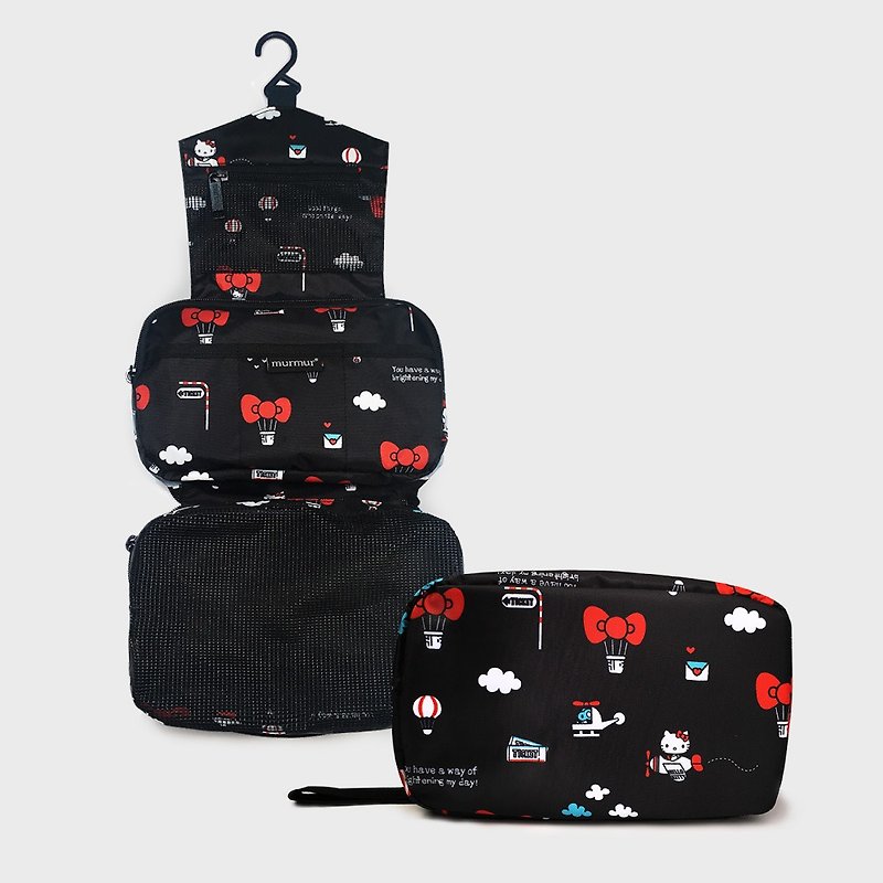 murmur travel storage tri-fold toilet bag | Hello Kitty hot air balloon - กระเป๋าเครื่องสำอาง - เส้นใยสังเคราะห์ สีดำ