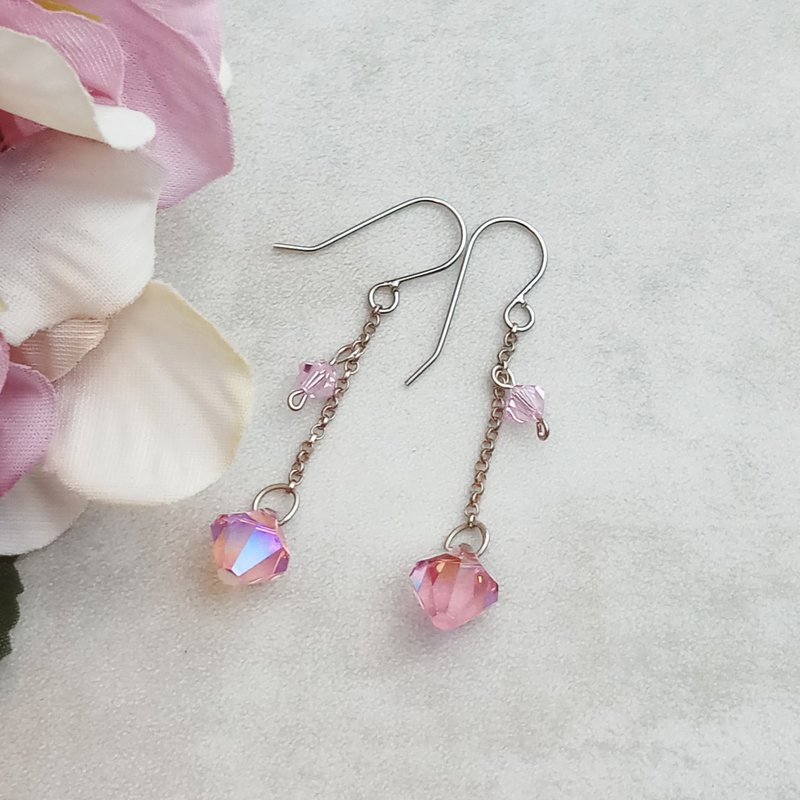 S925純銀耳環 粉紅水晶耳環 銀耳環 耳夾 EARS-004 - 耳環/耳夾/耳骨夾 - 水晶 粉紅色