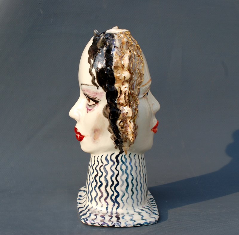 Woman head vase Two-faced sculpture good and evil Face vase Mystical figurine - 花瓶/花器 - 陶 多色