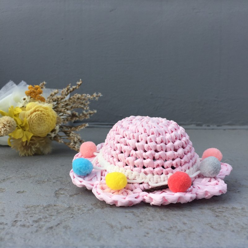 Woven Straw Hat-Colorful Ball Pink Hat/Pet Accessories/Dogs/Cats - Clothing & Accessories - Eco-Friendly Materials Pink