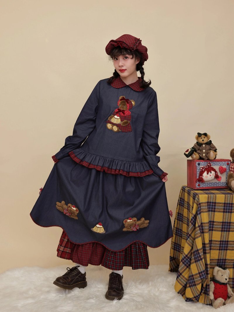 古著感 立體布丁熊 刺繡牛仔襯衫 - 女襯衫 - 其他材質 藍色