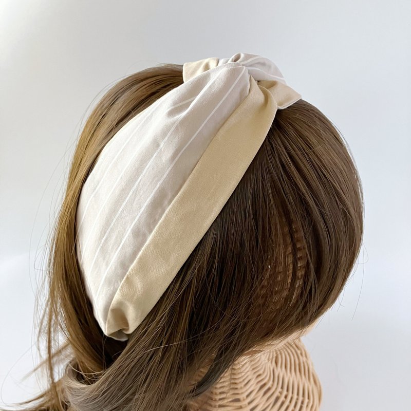 Beige striped splicing handmade hairband pure cotton cross hairband breathable earth color elegant - Hair Accessories - Cotton & Hemp Khaki