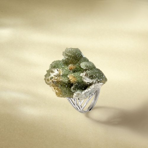 WANZAMGOK 綠色水晶 活口戒指 隨形原石標本 星光閃片晶簇手工指環 S925銀