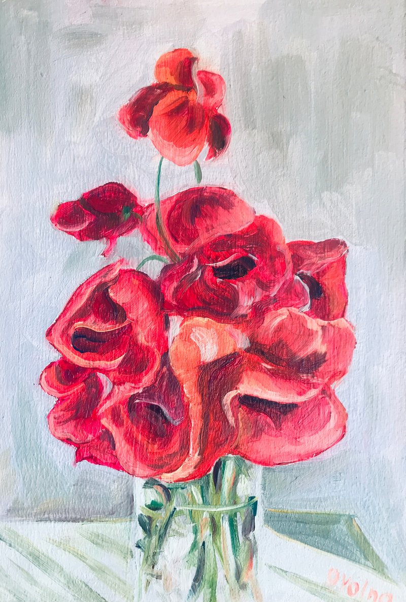 Blossoming Flower, Red Poppies Painting, Original wall Art, gift, Handmade - Wall Décor - Essential Oils Red