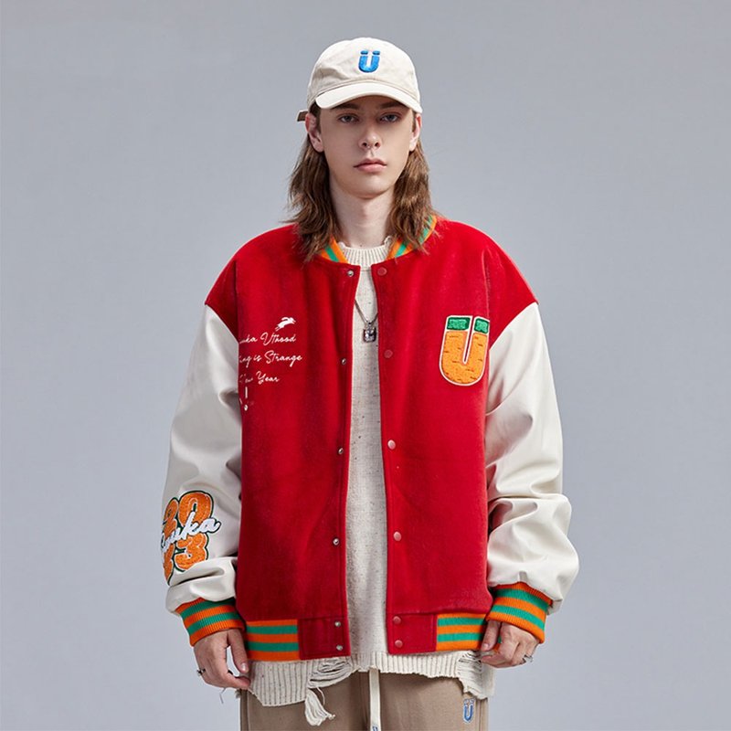 兔年限定紅色棉服冬季情侶仿羊絨拼接PU皮棒球服外套 - 男夾克/外套 - 聚酯纖維 