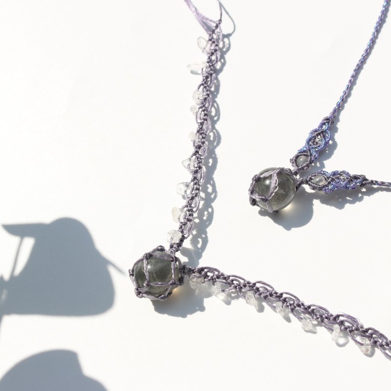 Natural stone labradorite beads Wax thread braided necklace - สร้อยคอ - คริสตัล สีน้ำเงิน