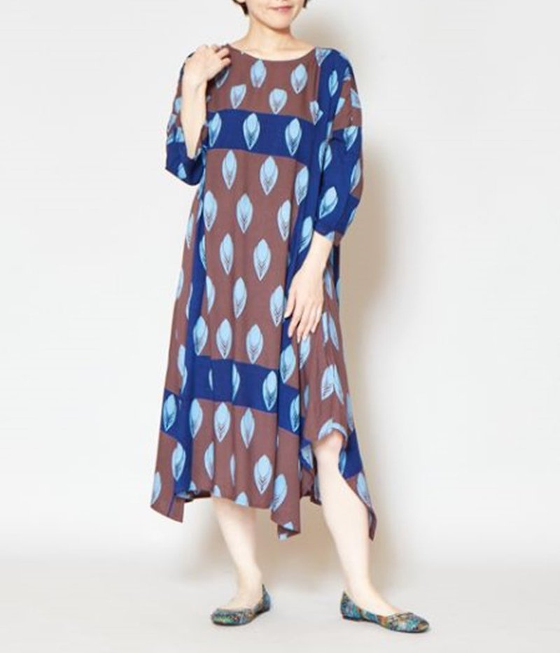 [Hot Pre-Order] Peacock Feather Print Contrast Dress (Tricolor) IAC-9503 - One Piece Dresses - Other Man-Made Fibers 
