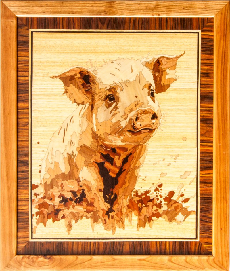 Piggy wood mosaic picture Pig nature eco gift inlay framed panel wall hanging - Wall Décor - Wood Orange