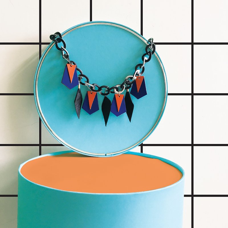 Geometry Colour Block Leather Necklace - สร้อยติดคอ - หนังแท้ สีน้ำเงิน