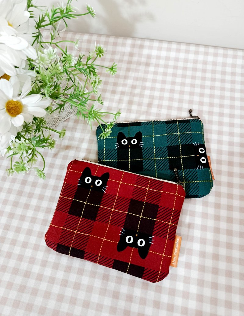 拾光系列萬用袋/零錢包/化妝包/收納袋/頑皮黑貓款 - 化妝袋/收納袋 - 棉．麻 紅色