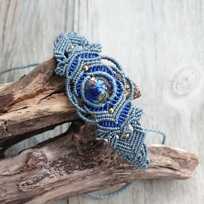 N01- Blue Glass - Ethnic style Two-tone wax thread Brass blue glass clavicle chain/Bracelet - สร้อยคอ - วัสดุอื่นๆ สีเทา