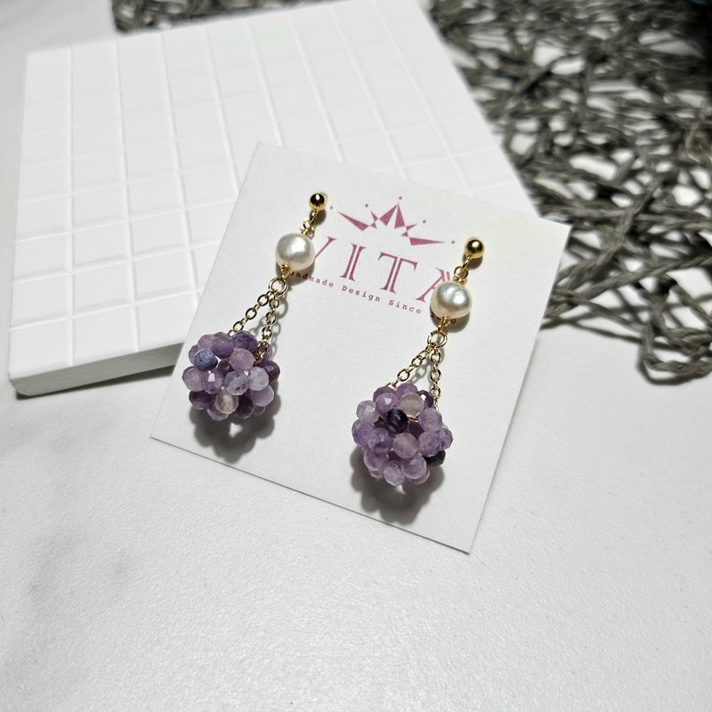 Kunite ball pearl earrings-(ear needles/ Clip-On) - Earrings & Clip-ons - Crystal Purple