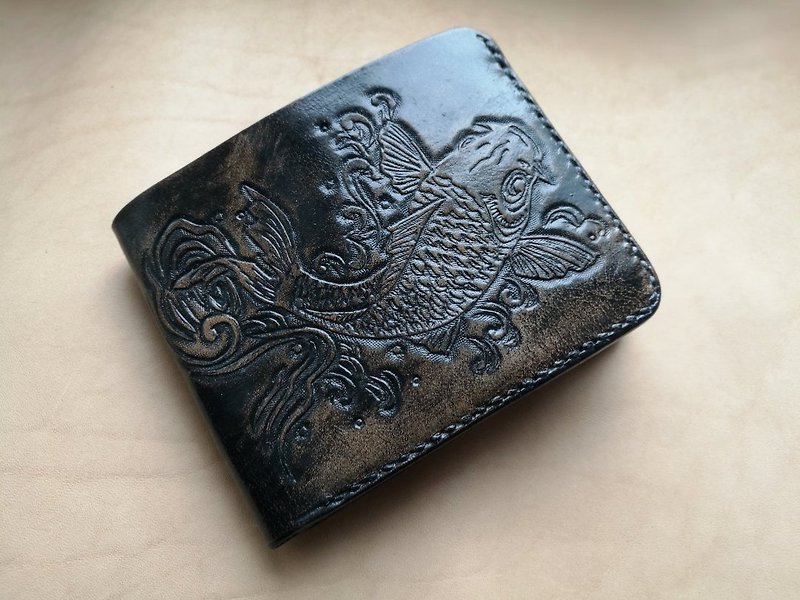 Handmade Leather Wallet, Koi Fish personalized men&#x27;s wallet, custom gift for men