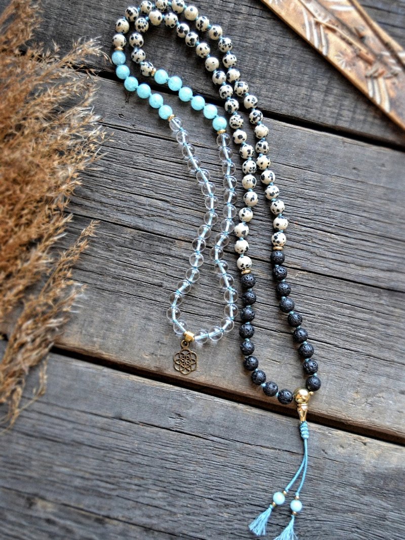 Rosary from Quartz and Dolmatian Jasper, Volcanic Lava Mala for Meditation 108 - Necklaces - Copper & Brass Blue