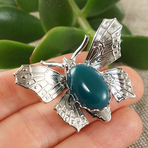 AGATIX Dark Sea Green Agate Stone Butterfly Insect Boho Jacket Brooch Pin Woman Jewelry