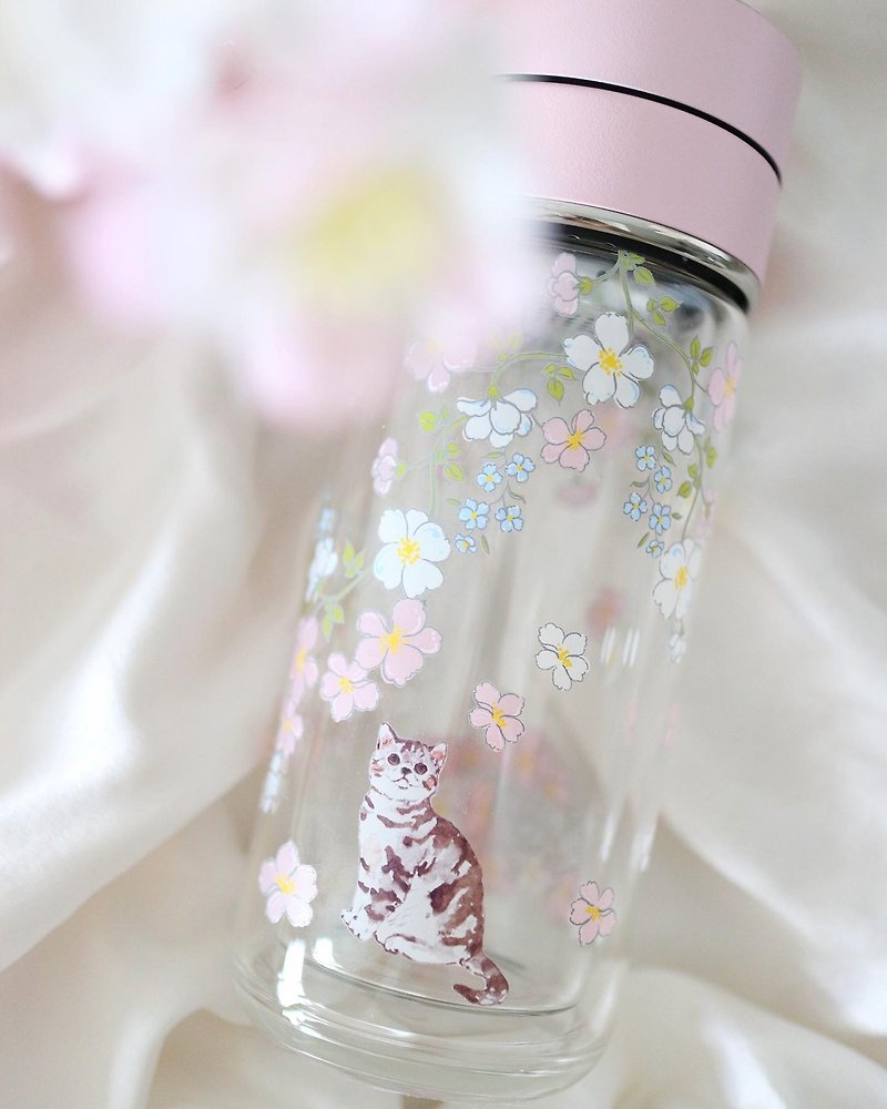 Sakura Cat Cat double-layer heat-resistant glass tea cup portable cup - Cups - Glass Pink