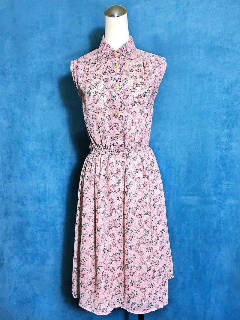 Pink flowers sleeveless vintage dress / bring back VINTAGE - ชุดเดรส - เส้นใยสังเคราะห์ สึชมพู