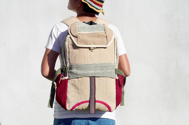 Christmas gift limited to a cotton and linen stitching design after the backpack / shoulder bag / national mountaineering bag - grass green pink national backpack - Backpacks - Cotton & Hemp Multicolor
