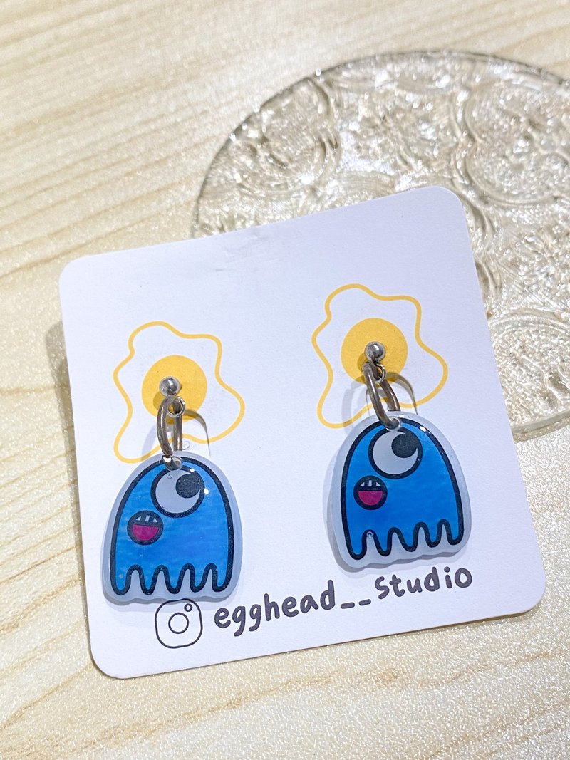 Blue one-eyed little monster handmade earrings - Earrings & Clip-ons - Other Materials 