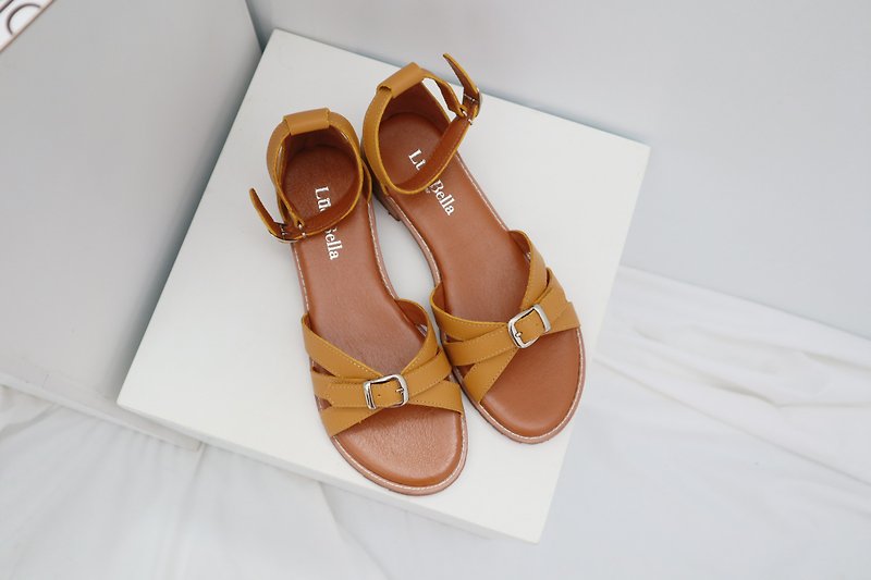 [Heart Knot] Leather Sandals - Mustard Yellow | Taiwan Leather Handmade Women's Shoes - รองเท้ารัดส้น - หนังแท้ สีเหลือง