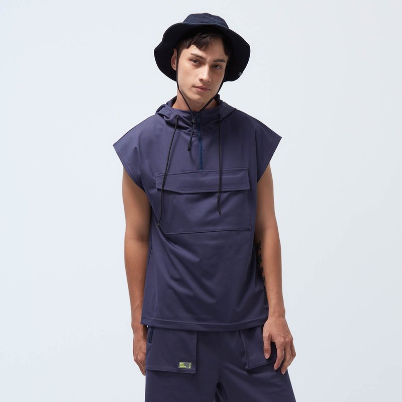 REBOOT-Revitalizing Logo Pocket Hoodie Vest - Night Shadow Grey - เสื้อกั๊กผู้ชาย - เส้นใยสังเคราะห์ สีน้ำเงิน