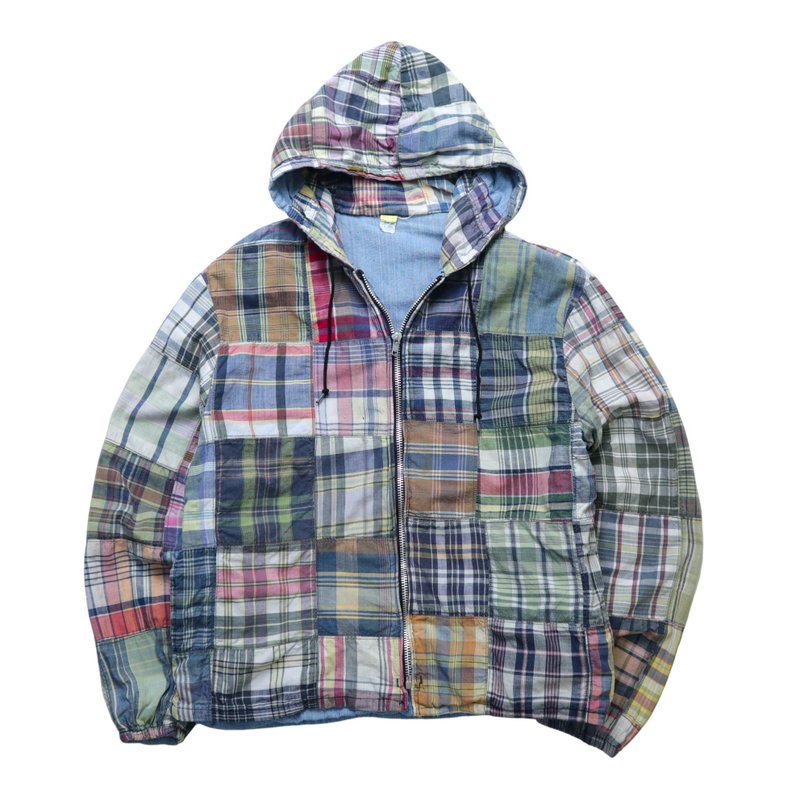 60-70s American-made plaid splicing reversible hooded jacket ILGWU Talon zipper - เสื้อแจ็คเก็ต - วัสดุอื่นๆ สีน้ำเงิน