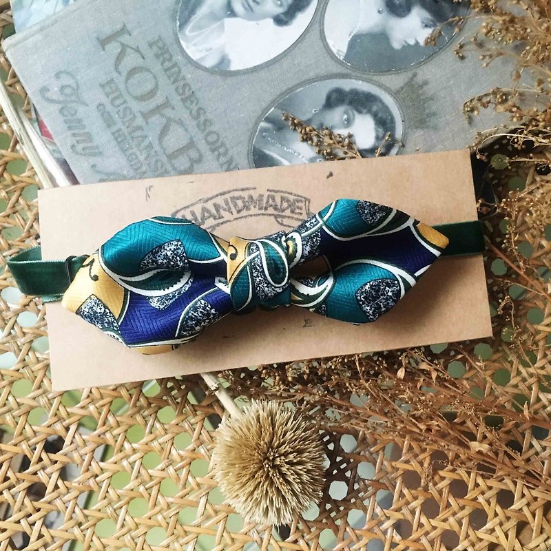 結婚畢業禮物- 古董布花領帶改製手工領結-變形蟲藍綠-寬版 - 領結/領巾 - 絲．絹 藍色